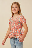 GY5662 Coral Girls Smocked Puff Sleeve Peplum Top Front