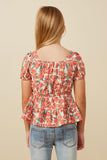 GY5662 Coral Girls Smocked Puff Sleeve Peplum Top Back