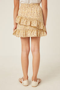 GY5664 Yellow Girls Floral Printed Asymmetric Ruffle Skirt Back