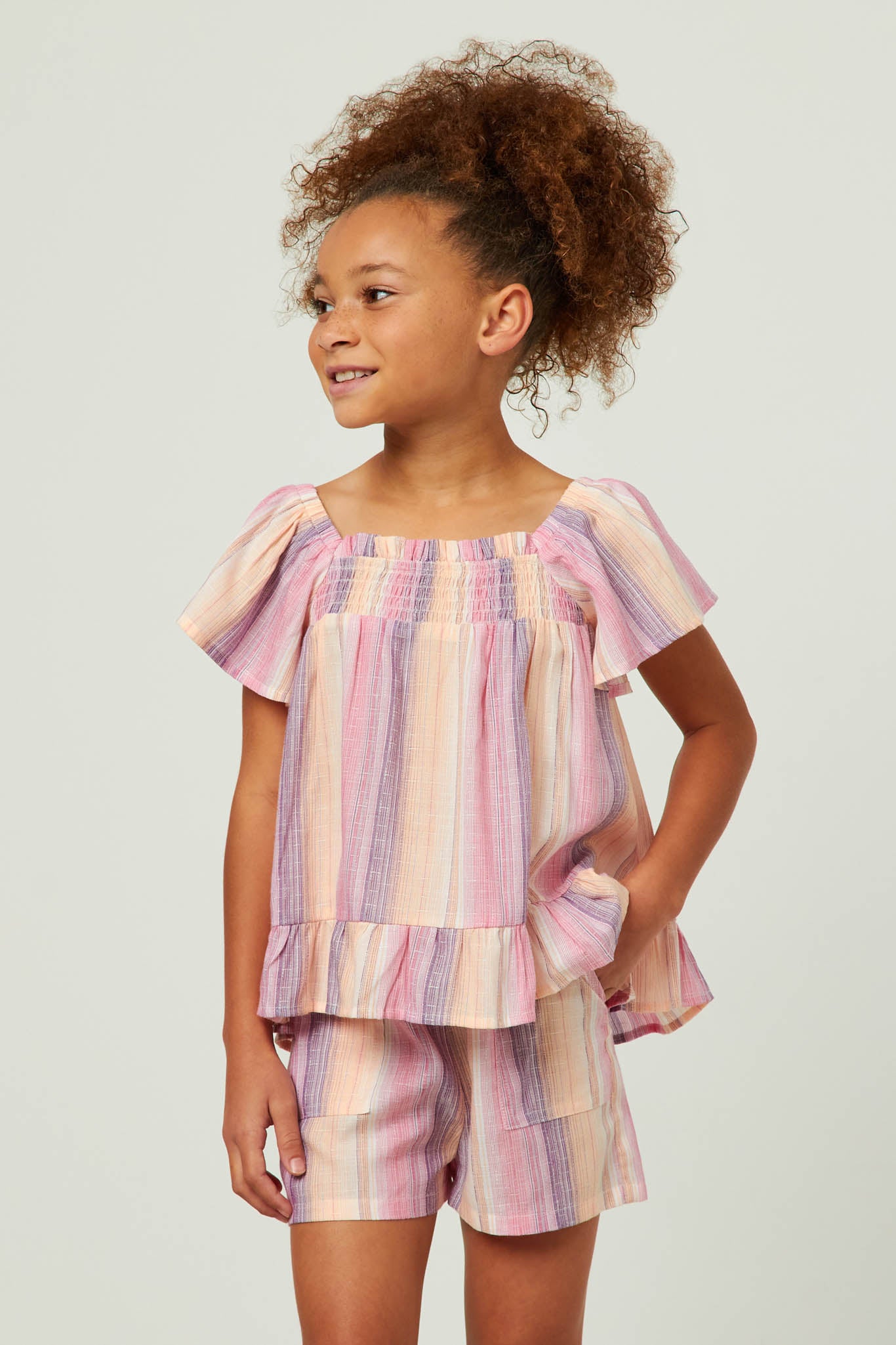 Textured Vertical Stripe Smocked Flutter Sleeve Top