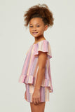 GY5671 PINK Girls Textured Vertical Stripe Smocked Flutter Sleeve Top Side