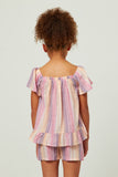 GY5671 PINK Girls Textured Vertical Stripe Smocked Flutter Sleeve Top Back
