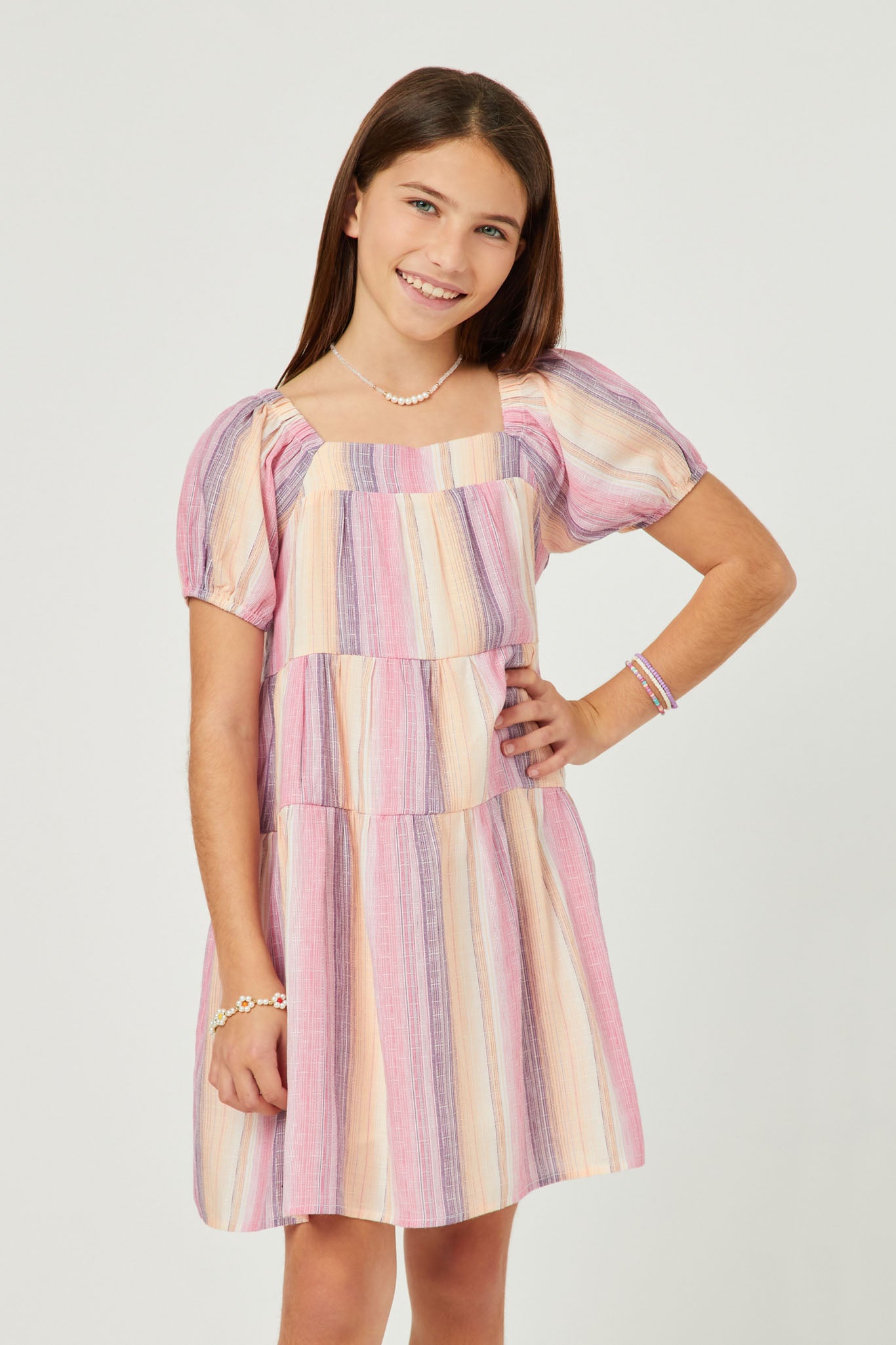 Hayden Girls 7-16 Textured Vertical Stripe Puff Sleeve Tiered Dress, Pink, Medium, Cotton