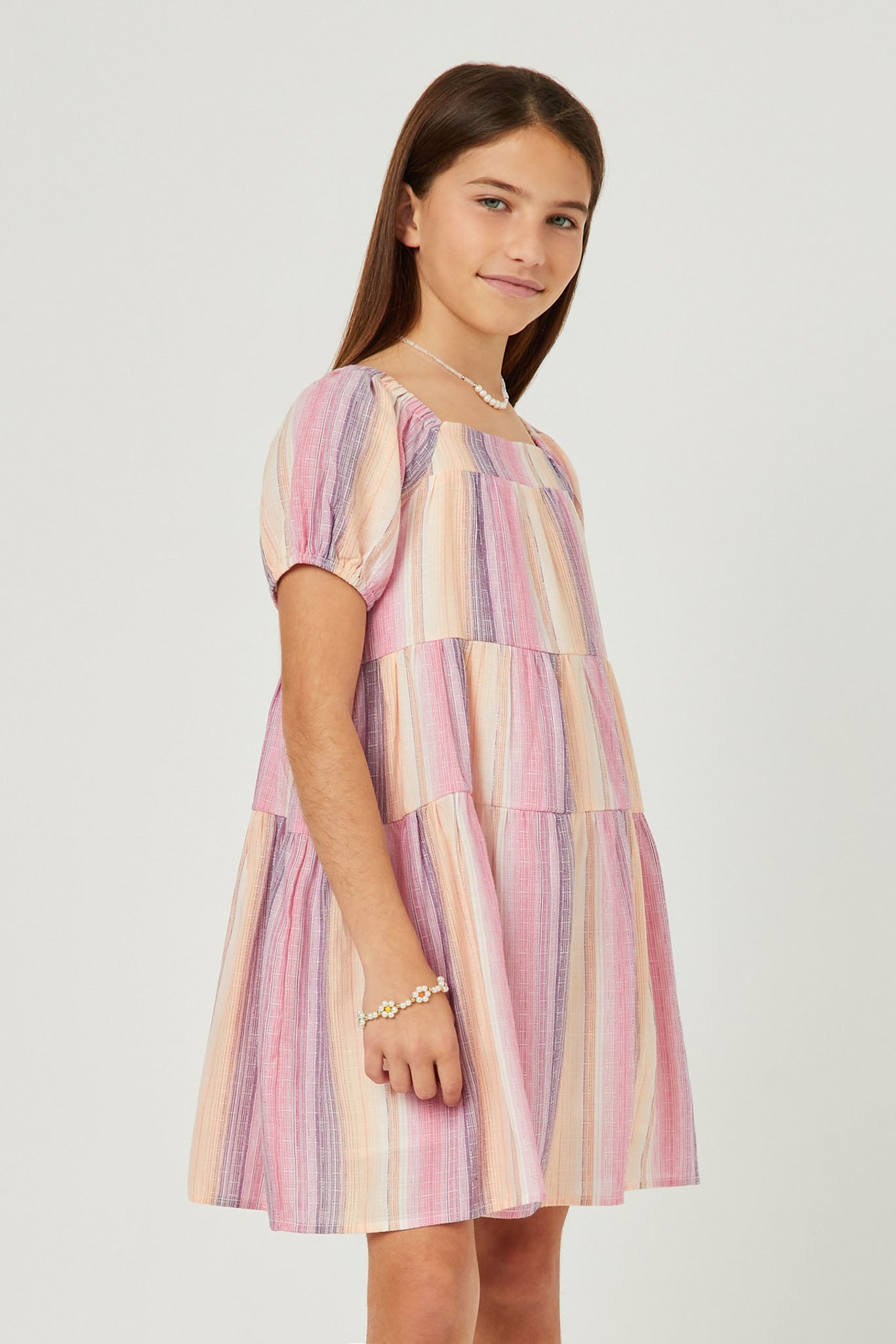 GY5672 PINK Girls Textured Vertical Stripe Puff Sleeve Tiered Dress Side