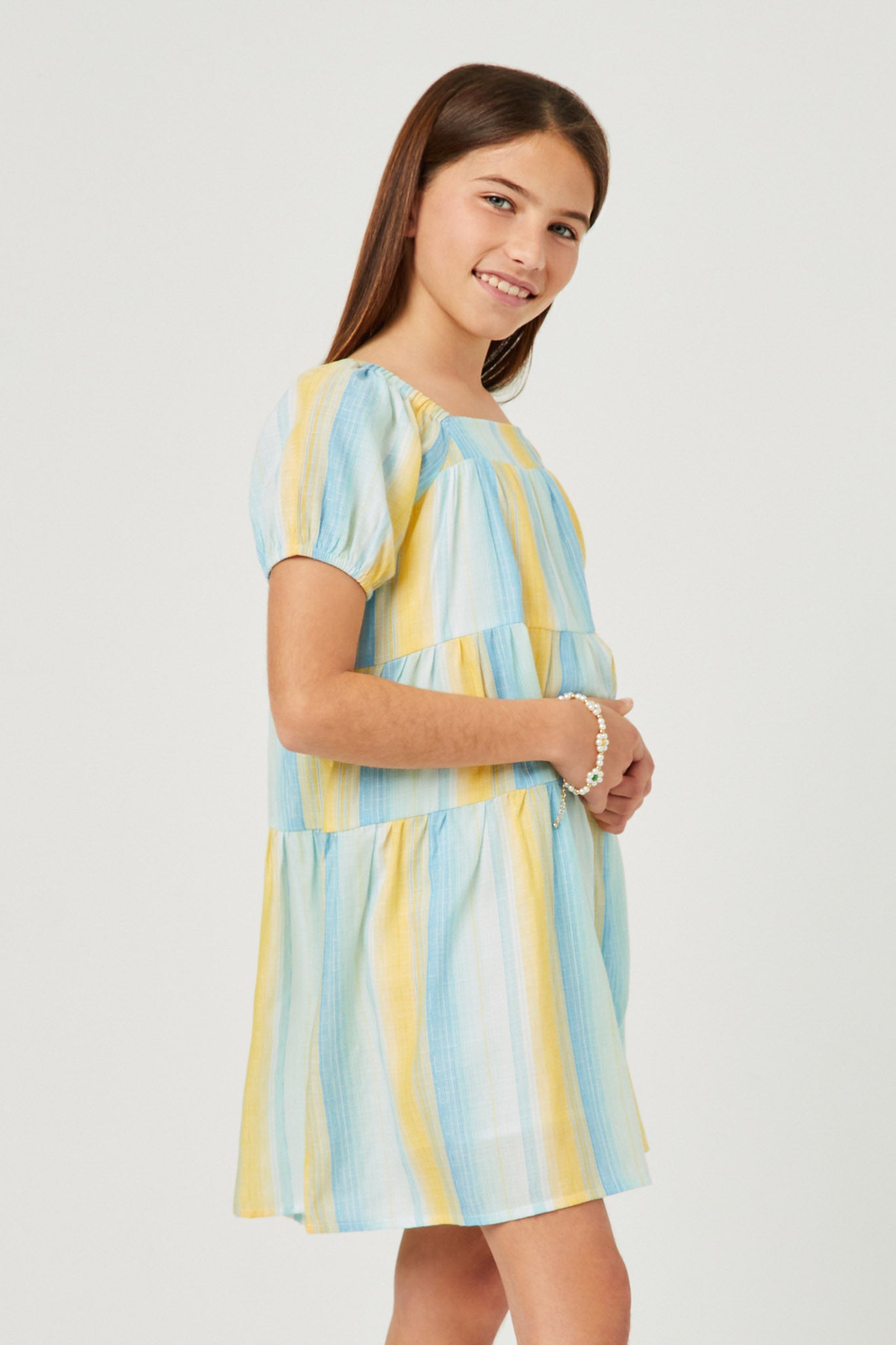 GY5672 YELLOW Girls Textured Vertical Stripe Puff Sleeve Tiered Dress Side
