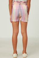 GY5673 PINK Girls Textured Stripe Paperbag Belted Soft Shorts Back