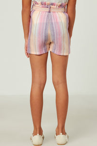 GY5673 PINK Girls Textured Stripe Paperbag Belted Soft Shorts Back