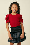 GY5675 Red Girls Ribbed Pleated Shoulder Puff Sleeve Top Front