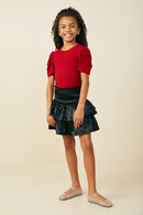 GY5675 Red Girls Ribbed Pleated Shoulder Puff Sleeve Top Pose