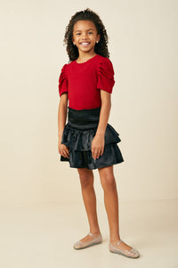 GY5675 Red Girls Ribbed Pleated Shoulder Puff Sleeve Top Pose