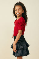 GY5675 Red Girls Ribbed Pleated Shoulder Puff Sleeve Top Side