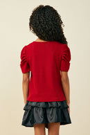 GY5675 Red Girls Ribbed Pleated Shoulder Puff Sleeve Top Back