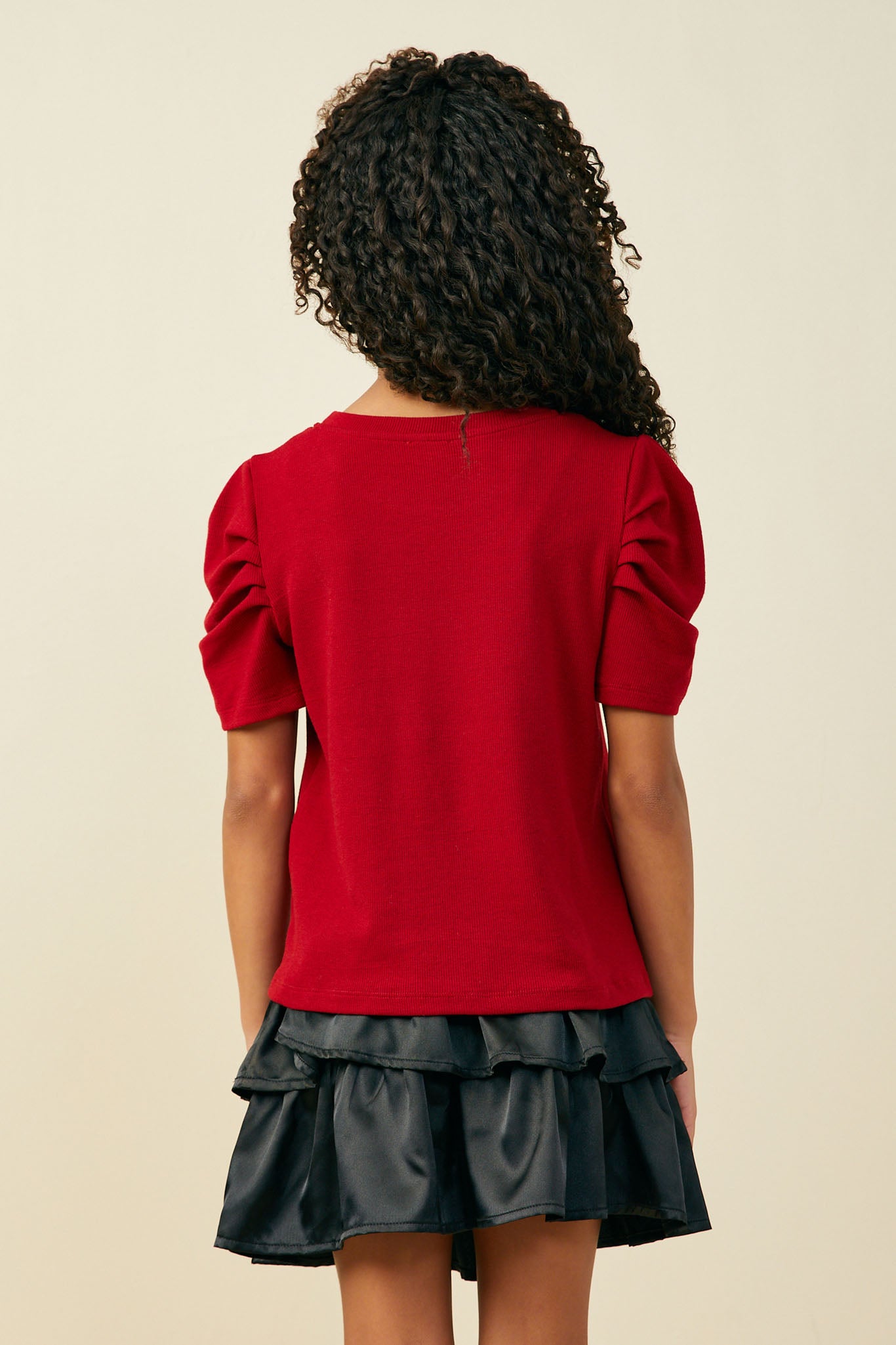 GY5675 Red Girls Ribbed Pleated Shoulder Puff Sleeve Top Back