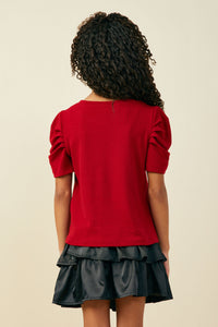 GY5675 Red Girls Ribbed Pleated Shoulder Puff Sleeve Top Back