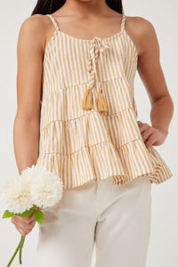 GY5681 Mustard Girls Vertical Stripe Tassel Tie Tiered Tank Front