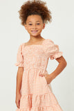 GY5688 PEACH Girls Square Neck Smocked Puff Sleeve Gingham Dress Detail