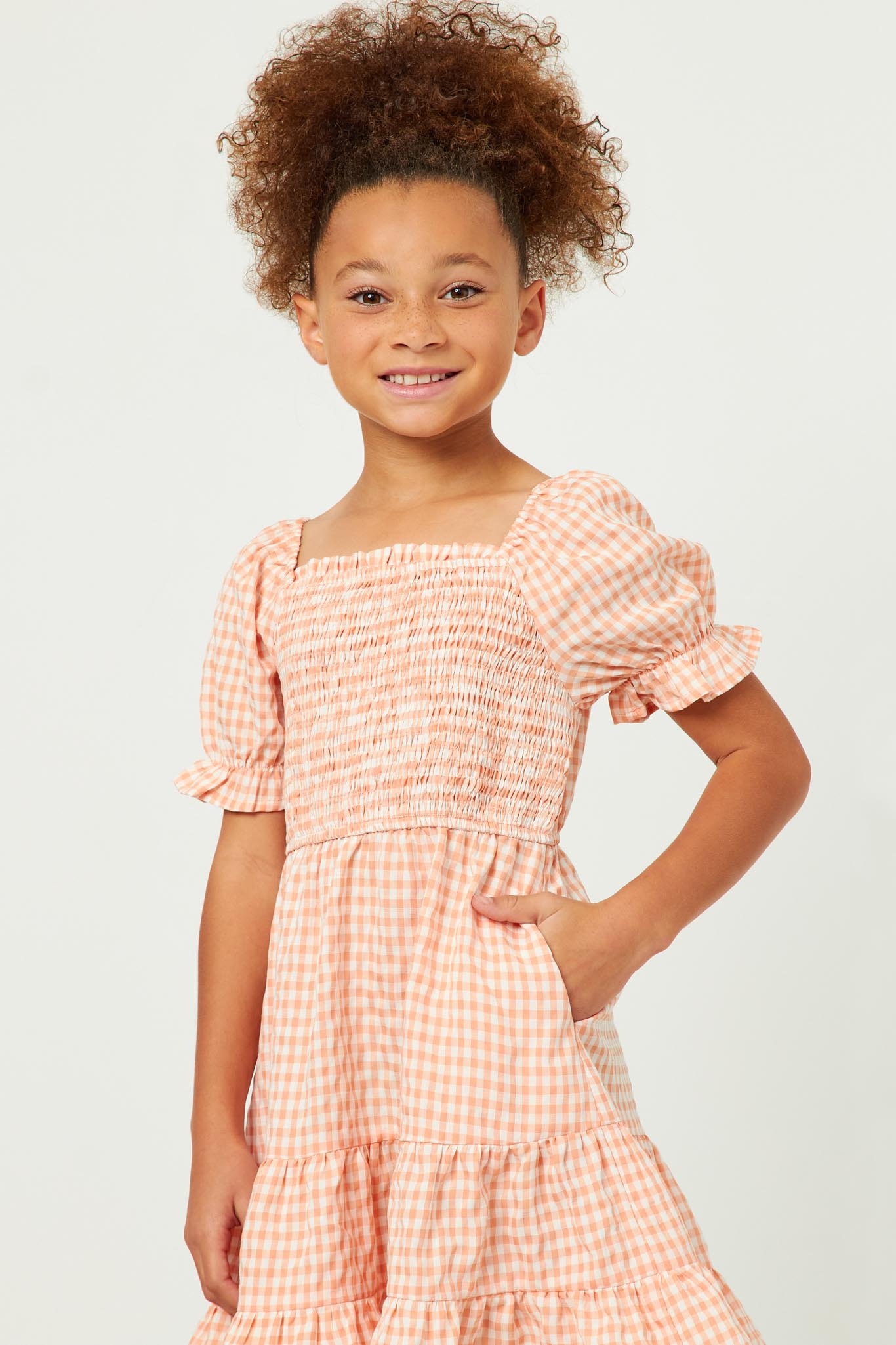 Square Neck Smocked Puff Sleeve Gingham Dress