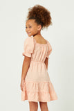 GY5688 PEACH Girls Square Neck Smocked Puff Sleeve Gingham Dress Back