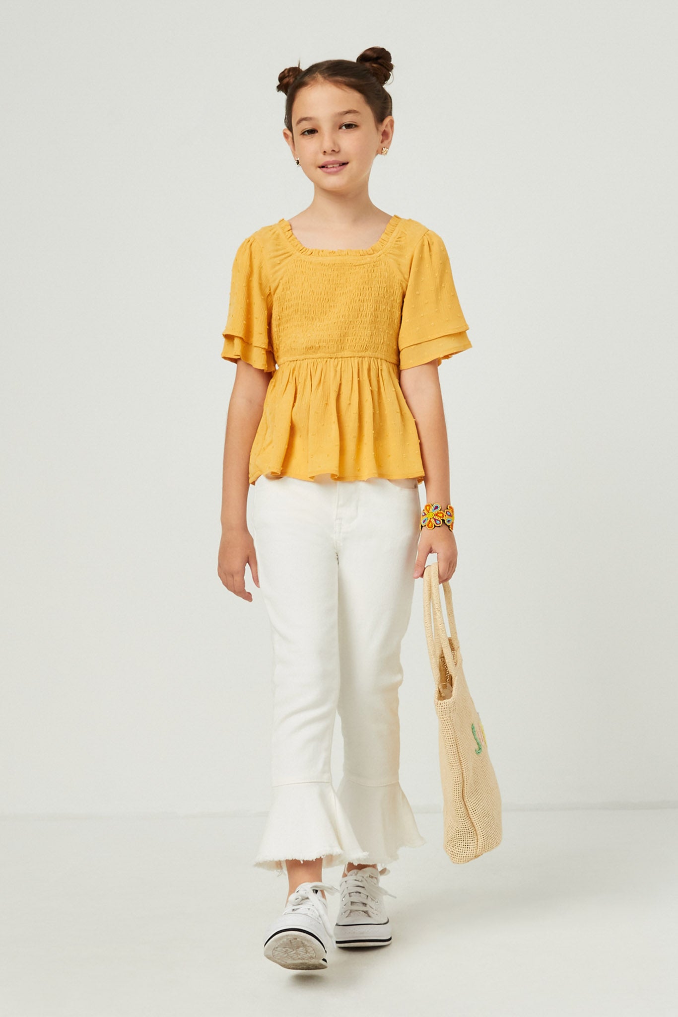 Swiss Dot Ruffled Flutter Sleeve Peplum