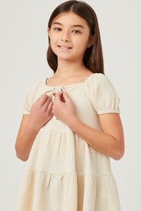 GY5696 IVORY Girls Textured Puff Seeve Tie Front Tunic Detail