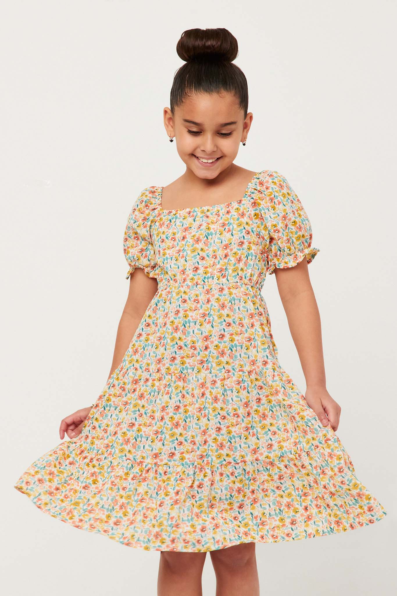 Floral Print Smocked Back Square Neck Puff Sleeve Dress
