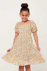 GY5703 PINK Girls Floral Print Smocked Back Square Neck Puff Sleeve Dress Front