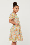 GY5703 PINK Girls Floral Print Smocked Back Square Neck Puff Sleeve Dress Side
