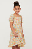 GY5703 PINK Girls Floral Print Smocked Back Square Neck Puff Sleeve Dress Detail