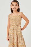 GY5716 YELLOW Girls Smocked Tie Shoulder Ruffled Tiered Sleeveless Dress Front