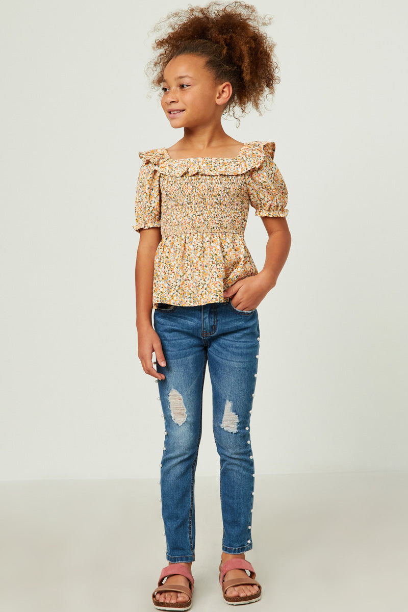Ruffled Bib Smocked Cinch Sleeve Top