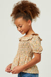 GY5717 YELLOW Girls Ruffled Bib Smocked Cinch Sleeve Top Side