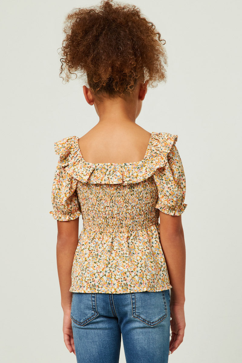 GY5717 YELLOW Girls Ruffled Bib Smocked Cinch Sleeve Top Back