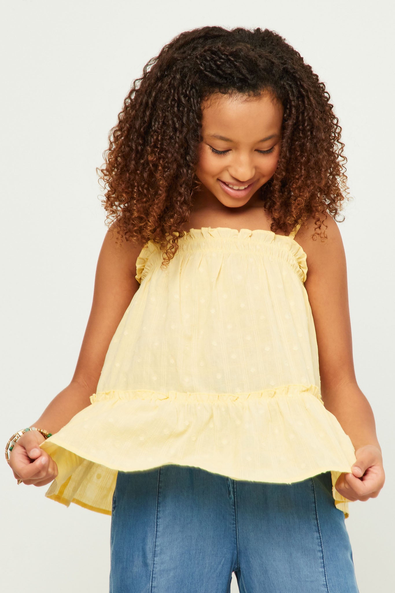 GY5721 YELLOW Girls Textured Dot Ruffled Tank Detail