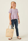 GY5724 LAVENDER Girls Textured Stripe Puff Sleeve Tiered Top Full Body