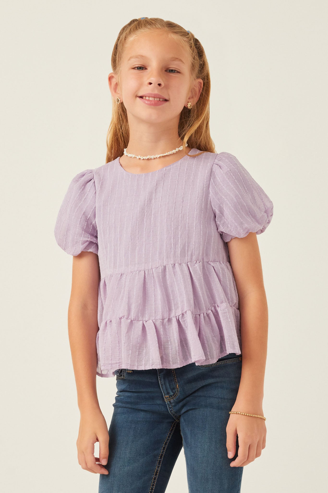 Textured Stripe Puff Sleeve Tiered Top