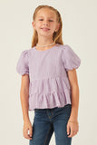 GY5724 LAVENDER Girls Textured Stripe Puff Sleeve Tiered Top Front