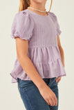 GY5724 LAVENDER Girls Textured Stripe Puff Sleeve Tiered Top Detail
