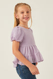 GY5724 LAVENDER Girls Textured Stripe Puff Sleeve Tiered Top Side