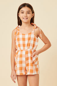 GY5725 ORANGE Girls Tie Shoulder Smocked Back Checkered Romper Front