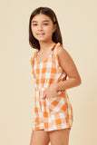 GY5725 ORANGE Girls Tie Shoulder Smocked Back Checkered Romper Side