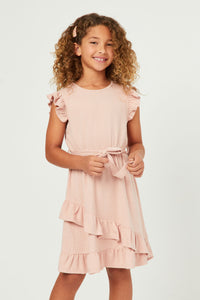 GY5734 BLUSH Girls Textured Knit Asymmetric Ruffle Hem Belted Dress Front