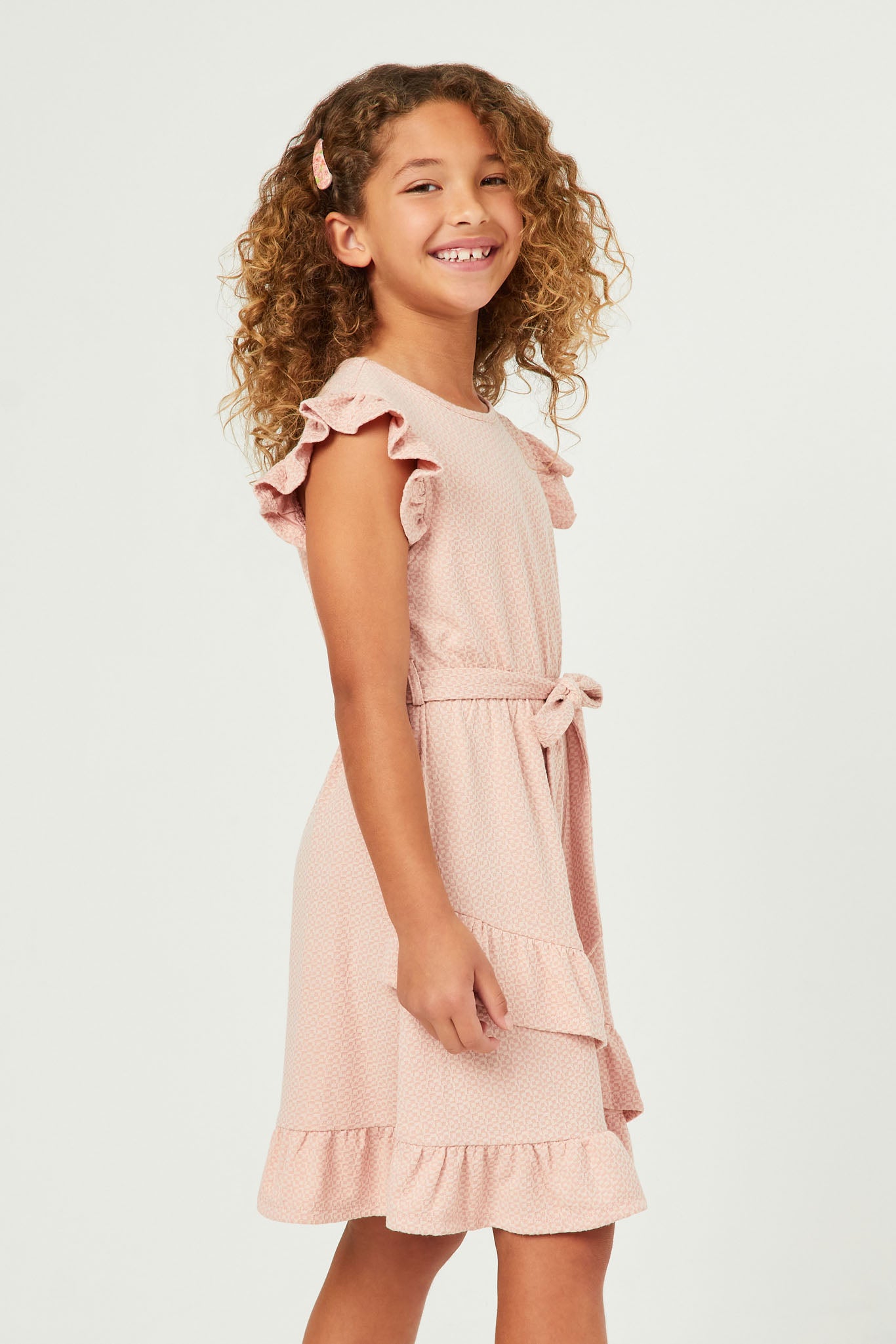 GY5734 BLUSH Girls Textured Knit Asymmetric Ruffle Hem Belted Dress Side
