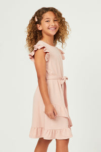 GY5734 BLUSH Girls Textured Knit Asymmetric Ruffle Hem Belted Dress Side