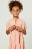 GY5750 BLUSH Girls Tasseled Tie Puff Sleeve Textured Tiered Dress Detail
