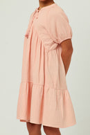 GY5750 BLUSH Girls Tasseled Tie Puff Sleeve Textured Tiered Dress Side