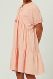 GY5750 BLUSH Girls Tasseled Tie Puff Sleeve Textured Tiered Dress Side