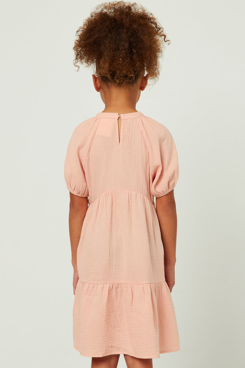 GY5750 BLUSH Girls Tasseled Tie Puff Sleeve Textured Tiered Dress Back