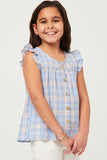GY5757 BLUE Girls Textured Plaid Ruffled Button Up Tank Side