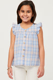 GY5757 BLUE Girls Textured Plaid Ruffled Button Up Tank Front