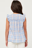 GY5757 BLUE Girls Textured Plaid Ruffled Button Up Tank Back